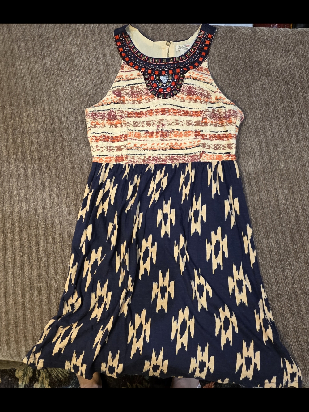 Lucky Brand Women's M Fit & Flare Ikat Aztec Beaded Sleeveless Dress Navy Cream
